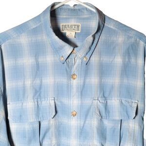 Duluth Trading Co. Button Up Shirt Roll Tab Sleeve Pockets Mens XL Blue Plaid